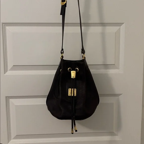 VTG HCL Dark brown 100% pebbled leather bucket crossbody bag gold accents Euro - Picture 3 of 14